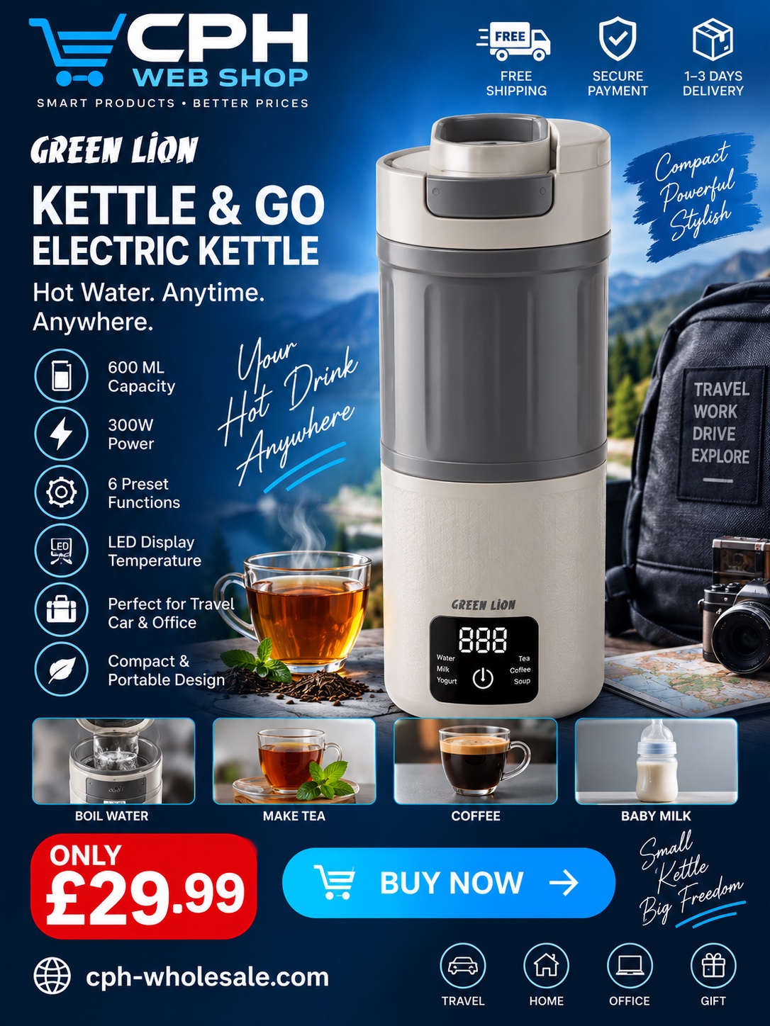 Green Lion Kettle and Go Electric Kettle